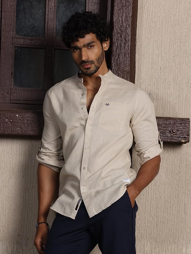 Thomas Scott Men's | Solid | Full Sleeve | Slim Fit | Linen Blend | Mandarin Collar | Casual Shirt - Image 3
