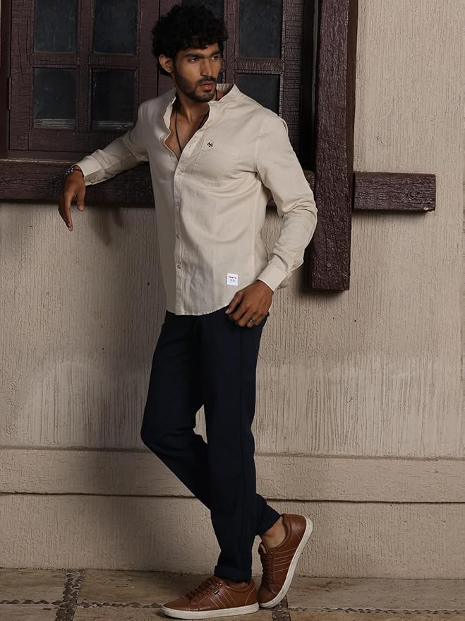 Thomas Scott Men's | Solid | Full Sleeve | Slim Fit | Linen Blend | Mandarin Collar | Casual Shirt - Image 2